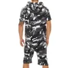 Zomer Heren Camouflage Effen Kleur Rits Romper Jumpsuit met korte mouwen en capuchon 240228