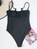 Damen-Bademode, sexy, einfarbig, schwarz, rot, gerüscht, Bandeau-Badeanzug, Damen, gepolstert, hoch geschnitten, Badeanzug, Monokini, Strandkleidung, Bodysuit