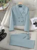 Dwuczęściowe spodnie kobiet Blue garnitur Women 2024 Spring High End Fashion Professional Short Blazer and Sets Office Dams Work Wear