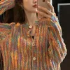 Autumn Winter Streetwear Harajuku Y2K Loose Casual Cardigan Sweater Ladies Rainbow Contrast Color Buttons Knitting Coat Outwear 240227