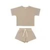 Ensemble d'été pour bébés garçons et filles, Short à manches courtes, col rond gaufré à rayures, ensemble deux pièces, vêtements pour bébés filles, 240228