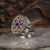 Cluster Rings Vintage Ethnic Hand-carved Turkish Signet For Men Women Retro Two-tone Geometric Pattern Ring Muslim Punk Party Jewelry
