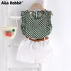 Zestawy odzieżowe Aile Rabbit 2024 Summer Girls Ubrania garnitury moda kwiatowe szyfonowe top białe szorty 2-części