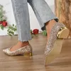 Dress Shoes Gold Low Heels Pumps Women 2023 Spring Shiny Sequins Pointed Toe Party Shoes Woman Plus Size Simple Thick Heeled Bride Shoes T240302