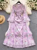 Casual Dresses Summer Holiday Ethnic Style Flower Lavender Dress Muslim Women Long Flare Sleeve Floral Print Lace Up Belt Beach Robe