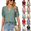 Damestops met V-hals en ruches aan de mouwen Blouses met korte mouwen Casual tops T-shirts voor dames Zomer-T-shirts