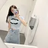 高品質のTシャツ女性用Tシャツ夏の新しいTシャツショートスリーブスリミングダブルCレター刺繍ラウンドネックプルオーバー女性クールショートニットトップチャンネル