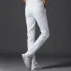 パンツメンズ韓国ファッションソイルドホワイトジーンズ壊れた穴スリムフィットデニムパンツブランドエラスティックストリートウェアストレートズボン