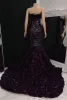Deep Purple Cascading Lace Flowers Pióro Prom Dresess Sexy syrena bez ramiączek bez pleców czarne suknie wieczorowe