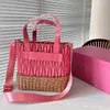 Designer Beach Bag Summer Straw Handbags Weekend Travel Bag Classic Pleated Woven Leather Splicing Shoulder Bags Removable Strap