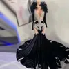 Black Velvet Prom -klänningar för afrikanska fjädrar Kvinnor 2024 Crystal Beading Mermaid Party Gowns Long Sleeve Vestidos de Graduacion