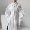 Casual Dresses Superaen 2024 Korean Chic Spring Pointed Collar Pleated Patchwork High Maisted Shirt Dress with Belt