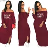 Basic Casual Dresses Size Casual Bodycon Dress Cold Shoulder Printed Package Hip Dress Sexy New Slash Long Sleeve Split Maxi Dresses 240302