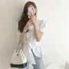 Kvinnor Bluses Korean Chic Summer Bubble Sleeve Lace Up Slim Short Shirt Women Shirts