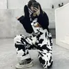 Street Hip-hop Harajuku fille vache imprimé Oneies pour femmes noir blanc Plaid salopette décontracté combinaison pantalon Baggy pantalon 240229