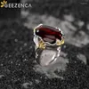 Кольца-кластеры GEEZENCA, натуральный красный янтарь S925, серебро, двухцветное плетение листьев гинкго для женщин, большое овальное кольцо с камнем, коктейльное роскошное кольцо 2024