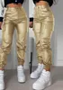 Calças femininas verão moda bolso design couro do plutônio casual simples cintura alta diário longo cuffed calças y2k streetwear 240222