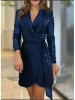 Dress Autumn Winter New Solid Color Sequin Blazer Collar For Women's Lace Up Dresses Simple Fashion Slim Elegant Female Party Dress