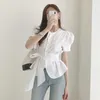 Kvinnor Bluses Korean Chic Summer Bubble Sleeve Lace Up Slim Short Shirt Women Shirts