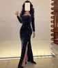 Luxury Beaded Bodice Black Prom Dress Mermaid Side Slit Sexy Detachable Long Sleeves African Evening Formal Party Gala Gowns Robe De Soiree