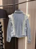 2024 Vinatge Blue Laple Neck Mangas largas Perlas Demin Abrigos Demin para mujer Diseñador Botones individuales Bolsillos Chaquetas largas Demin 30210