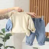 Pantskirt 2023 Korean Spring Autumn Children Boy Two Piece Clothes Set Long Sleeve Spliced Shirt Jeans Pants Suit Toddler Baby Boy Outfit