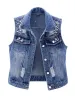 Waistcoats Nya denim kvinnor Vest Luxury Pearls Fashion Ripped Autumn Jeans Jacket ärmlös Löst kortrock Causal Waistcoats 5xl