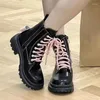 Botas femininas doce redondo dedo do pé rosa borboleta-nó decoração rendas até tornozelo de couro casual ao ar livre meados de salto punk 35-40