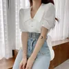 Blusas femininas bulochova coreia moda verão temperamento escritório camisa feminina lapela manga curta pérola botões casual fino chique 2024