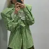 Blusas femininas Combhasaki Y2K vintage xadrez com cinto elegante camisa de manga comprida gola virada para baixo com flor 3D outono tops finos