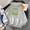 Sweats à capuche grenouille verte sweat à capuche épais pour femme à manches longues imprimé animal mignon Japon à capuche desserré poche pull haut Sudaderas