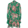 Podstawowe sukienki swobodne eleganckie łuk długie rękaw zielone sukienki kwiatowe dla kobiet projektantka pasa startowego mini kobieta szyfon 240302
