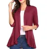 Cardigans Cardigan Femme Printemps Eté Automne Vêtements Couleur Unie Haut Slim Ourlet À Volants Manches Trois Quarts Mince Simple Manteau Noir Blanc