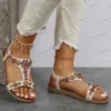 Sandalen Damen T-Riemen Bunte Perlen Flache Sandalen Offene Spitze Elastischer Knöchelriemen Gladiator Schuhe Frau Sommer Böhmische Strandsandalen T240302