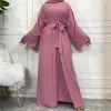 Klänningar kvinnor öppnar abaya kaftan dubai kalkon 2 stycke muslims set islam robe afrikansk klänning kimono marocko kläder kaftan mode mode