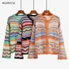 Cardigan for Women Rainbow Color Striped Sweater Cardigan Women Casual Cardigan Front Open Sweaters Hollow Out Daily Outfit 240219