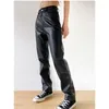 Women's Pants Women PU Leather Straight With Pocket Thin Streetwear Solid Casual High Waist Long Trousers Female Motorcycle