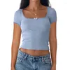 Women's T Shirts Wpnaks Women Slim Crop Tops Summer Clothes Lace Trim Short Sleeve Square-Neck Show Navel T-Shirt Sexig Club