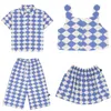 Prevendita set camicia per bambini 2024wyn pantaloncini a righe in pizzo a maniche corte a quadri 240226