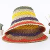 100%Raffia Rainbow Girl Sun Hat Wide Brim Floppy Letni Hats for Women Beach Panama Straw Dome Hat Femme Shade Hat 240219