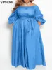 Plus Size 5XL VONDA Summer Maxi Sundress Women Long Dress Button Casual Solid Elegant Off Shoulder Bohemian Party Vestido Belted 240228