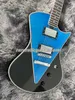 Music Man Armada Singlecut Divided Blue E-Gitarre, V-förmige Bookmatched-Flammenahorndecke, schwarze Rückseite, gebogene Dreieckseinlage, HH-Tonabnehmer, Bauchschnittkontur