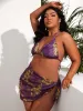 Roupa de banho 2022 novo plus size conjuntos de biquíni sexy push up banho três peças barriga capa fatos de banho halter laço nó na parte traseira roxo