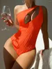 Damen Bademode Sexy One-Shoulder-Badeanzug 2024 Frauen Solid Orange Black Hollow Out Rib Badeanzug Bauchkontrolle Monokini