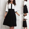 Vestido Mujer Elegante Vestido Semi Formal Moda Vestido Midi Patchwork Cuello Redondo Manga 3/4 Regular Fit Primavera Verano S5XL