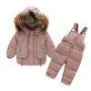 Down Coat Baby Girl Winter Jacketkläder Set -30 grader Barn tjockare varma päls krage rockar jumpsuit spädbarn snöar 0-6 år