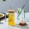 Bicchieri da vino Tazza di paglia 400ML Quadrato creativo Tazza di succo di moda moderna con manico Tazza di latte in vetro monostrato di bambùCoperchio Bevanda fredda