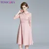 Sukienki Tesscara Women Spring Elegancka różowa koronkowa koszula Wysokiej jakości vintage ogon imprezowy szata femme designerka biurowa vestidos