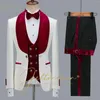 Men's Suits Men For Wedding White Floral Party Tuxedos 2024 Latest Designs 3 Pieces Navy Blue Velvet Lapel Vest Groom Groomsmen