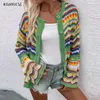 Cardigan for Women Rainbow Color Striped Sweater Cardigan Women Casual Cardigan Front Open Sweaters Hollow Out Daily Outfit 240219